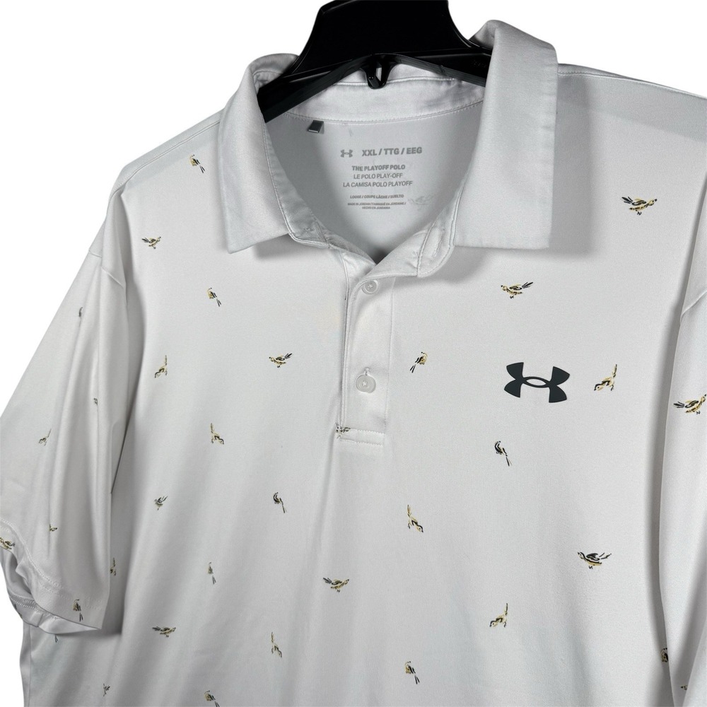 Under Armour Playoff 2.0 All Over Bird Print White Golf Polo Shirt Men's 2XL‎